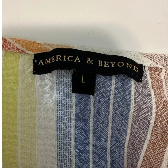 America & Beyond Striped Maxi Coverup Pom Pom Trim Boho Large - Picture 3 of 6